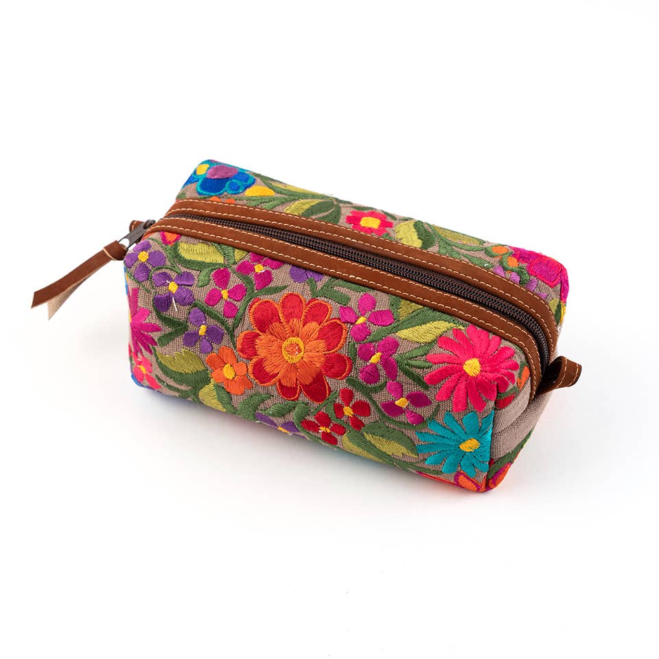 Floral Travel Cosmetic Case with leather trim