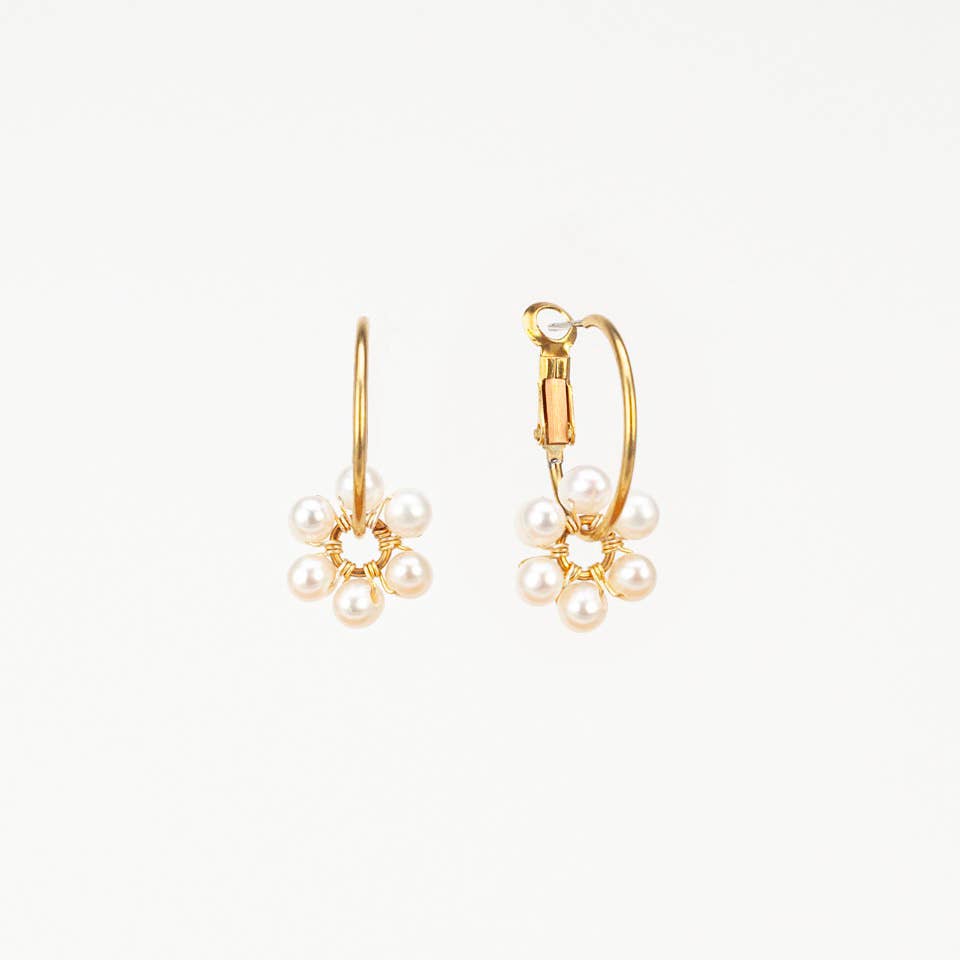 Pearl Daisy Charm Hoop Earrings